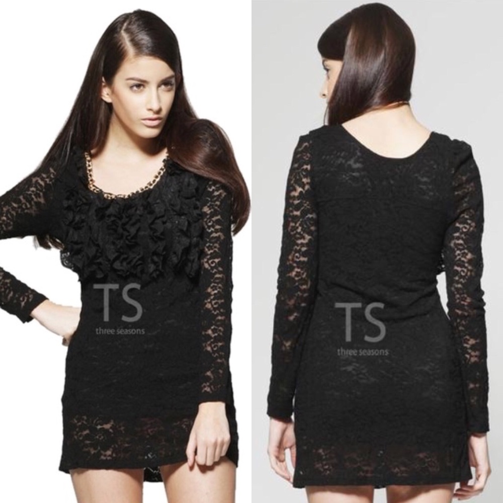 Long-sleeve Lace Black Dress with Ruffles
